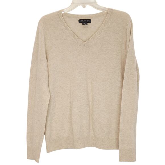 Tahari V Neck Sweater Pullover 2 Ply Cashmere Knit Ivory Cream Womens Large - Picture 1 of 6